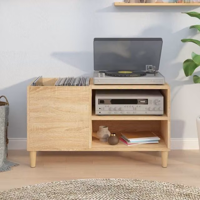 Berkfield Home Sonoma Oak Record Cabinet in Light Tan Beige, W/D/H: 84.5 x 38 x 48 cm