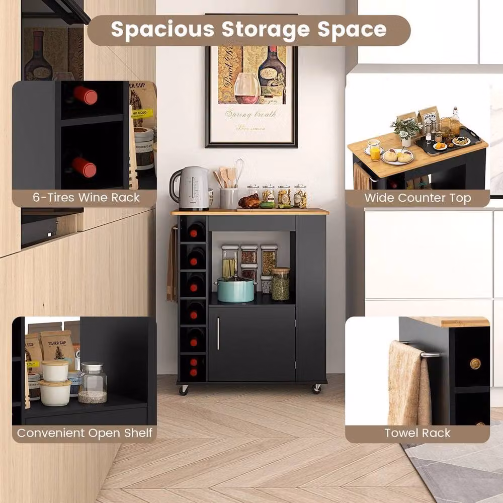 KORVIXA Black Rolling Kitchen Island Storage Cabinet Cart with Bamboo Top – 5