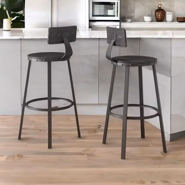 FURNOS Set of 2 Industrial Black Bar Stools with Metal Legs and Backrest – 1
