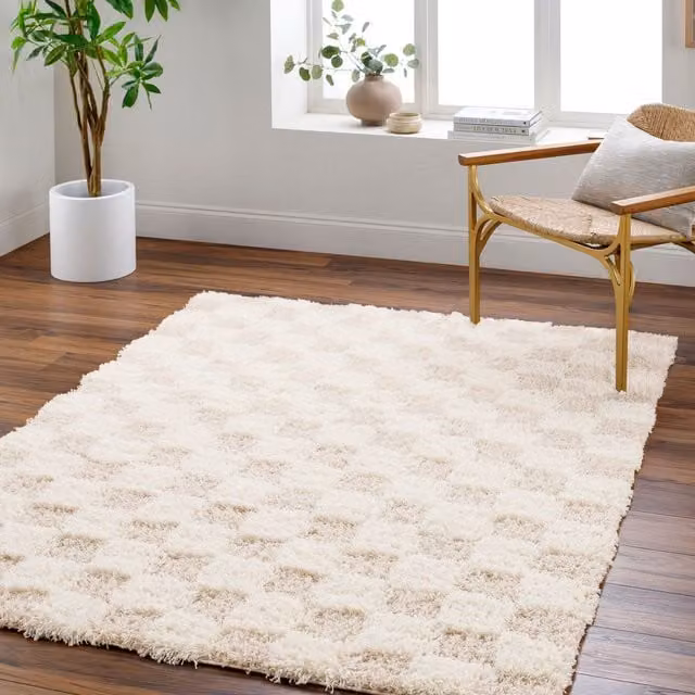 Livabliss Urban Checkerboard Plush Pile Living Room Rug in Light Beige, Yellow, Black and Pink, W: 160 cm, D: 220 cm