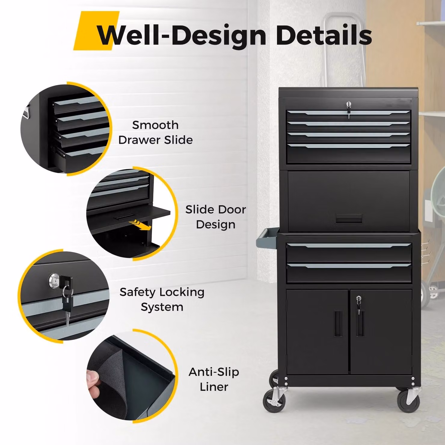 Gymax 6-Drawer Rolling Tool Chest 3-in-1 Metal Tool Storage Cabinet with Wheels, Black – 9