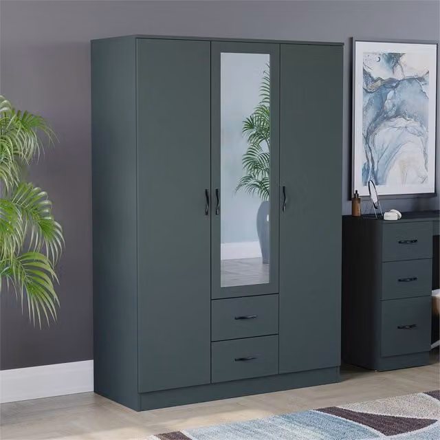 FORGEVIO Modern Green 3 Door 2 Drawer Mirrored Wardrobe with Hanging Rail