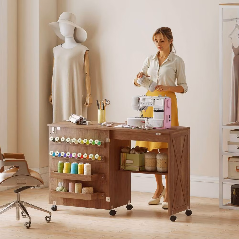 HOMCOM Brown Folding Sewing Craft Table with Storage Compartments and Castors – 2