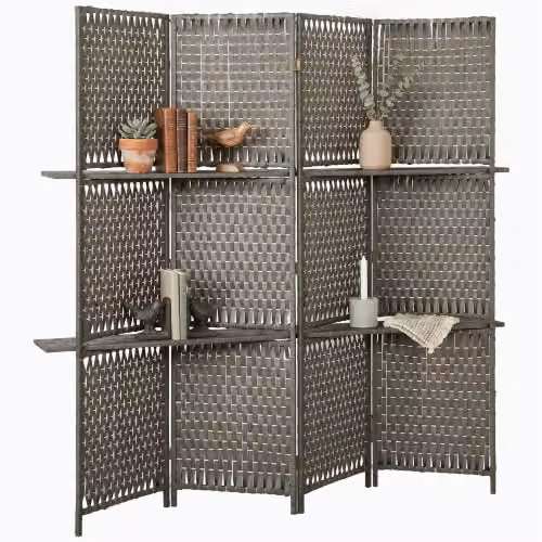 HOMCOM 4-Panel Folding Room Divider with Storage Shelves in Grey