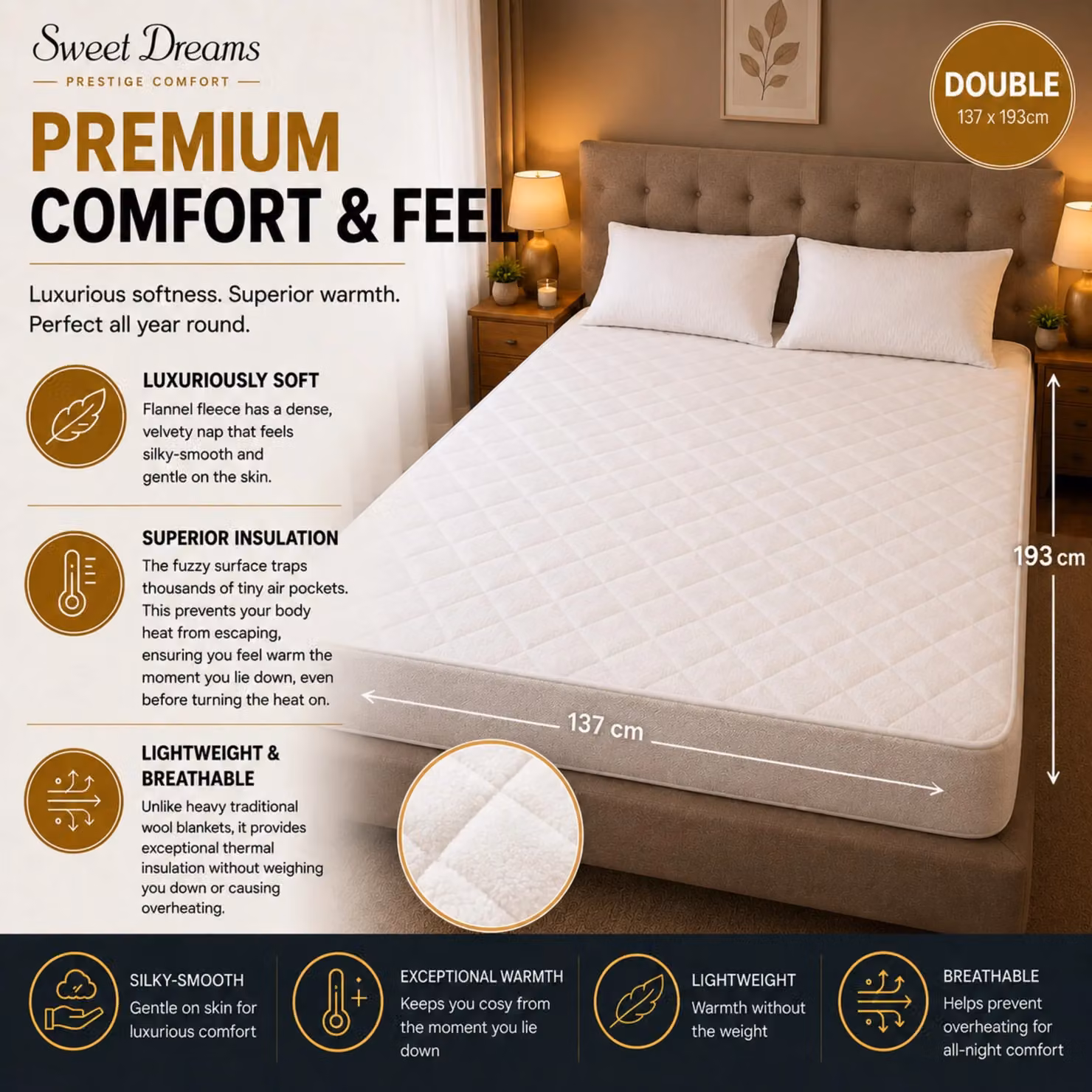 Sweet Dreams White Quilted Double Heated Mattress Cover with Plush Finish, W: 140 cm, L: 200 cm – 2