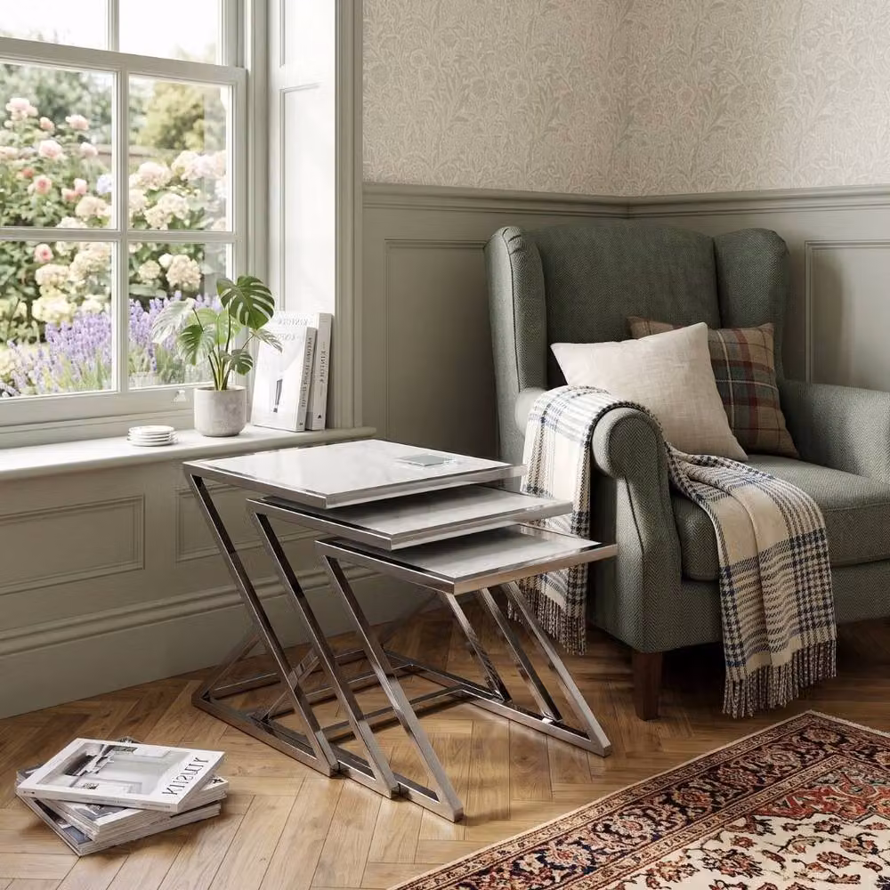 Home Luxe Interior Carra Silver Nest of 3 Tables with White Marble Tops and Silver Metal X-Frame – 4