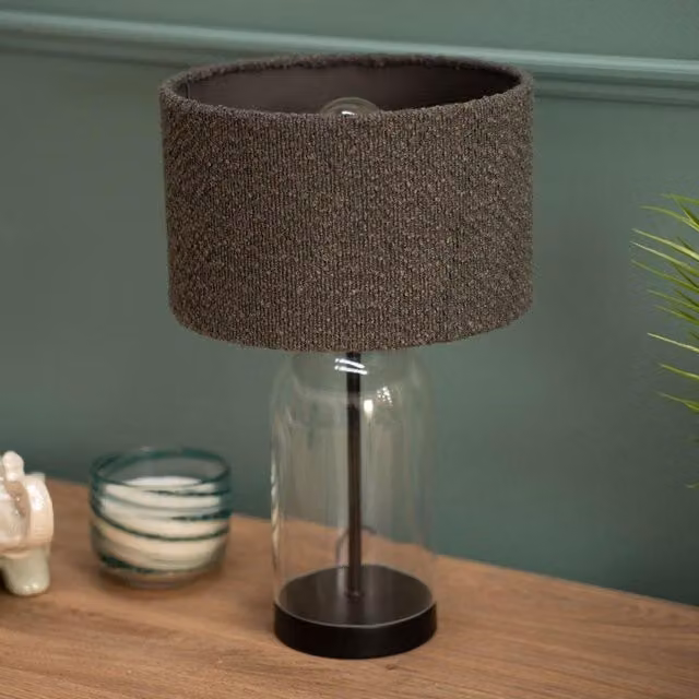 ValueLights Jessy Modern Glass and Black Metal Table Lamp with Grey Fabric Cylinder Shade