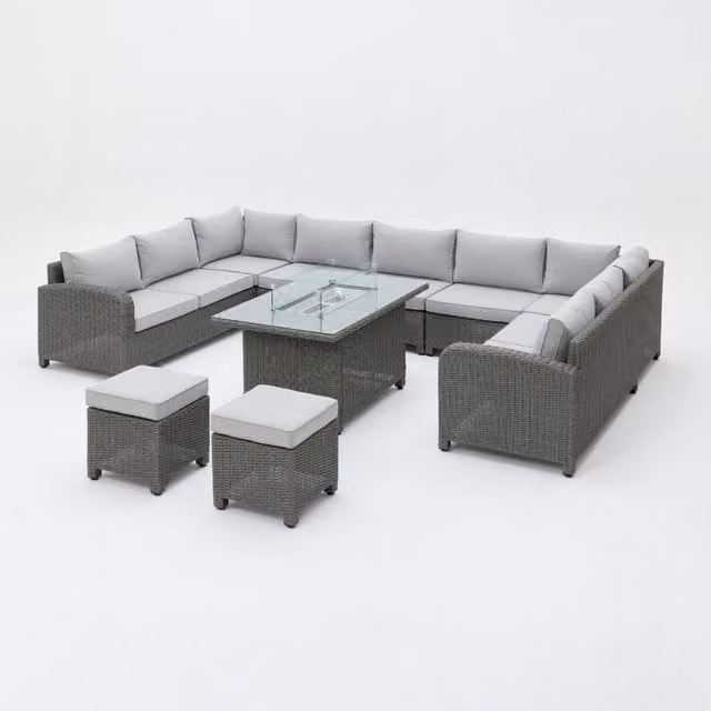 Segrada U-Shaped Rattan Garden Furniture Set in Dark Grey with Fire Pit Table