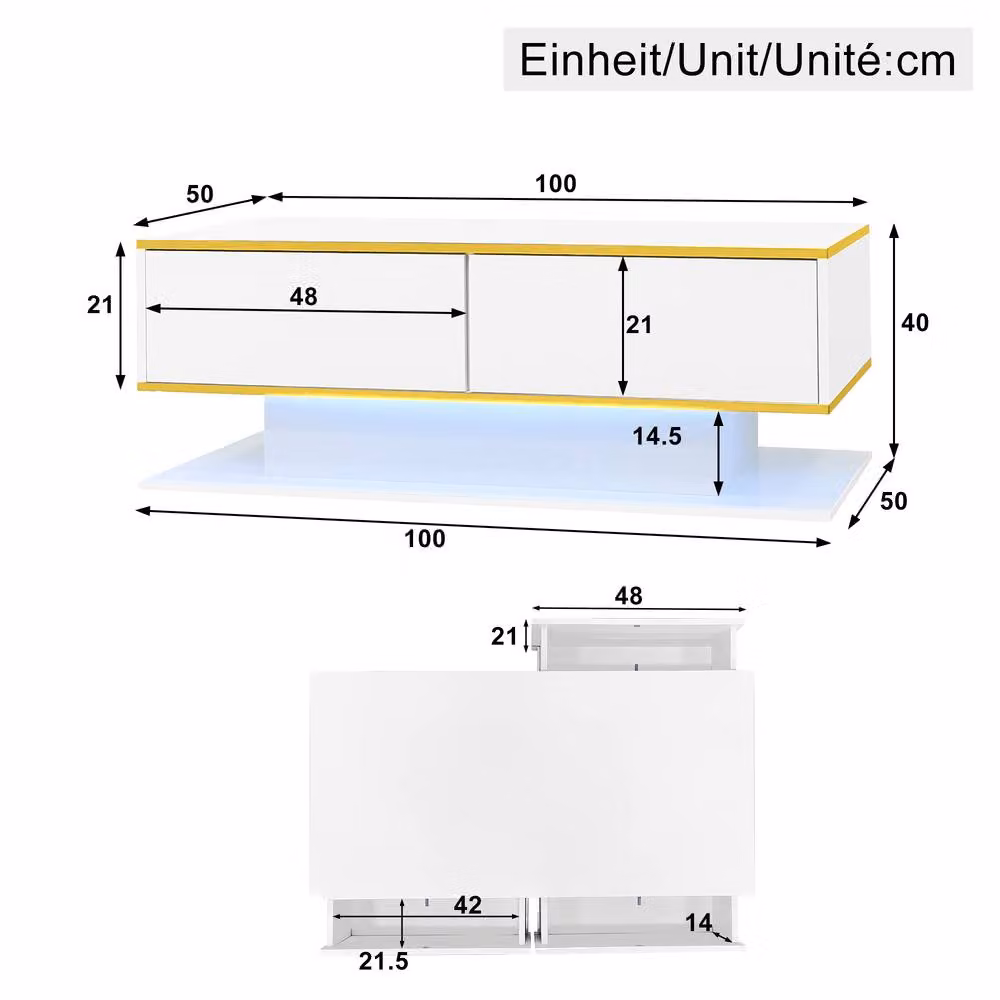 BTM High Gloss LED Coffee Table with 3 Drawers, Black, W: 100 cm, D: 50 cm, H: 40 cm