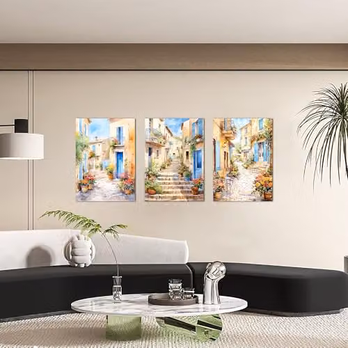 Simpa Tuscany Village 3 Panel Canvas Wall Art, Multicolour and Gold Rustic Landscape Illustration – 2