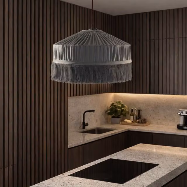CGC Interiors Victoria Velvet Pleated Tassel Lampshade in Grey and Cream, Round, W: 40 cm, H: 21 cm