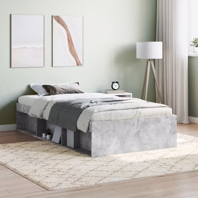 Berkfield Home Modern Bed Frame in Concrete Grey with Side Compartments, W/D/H: 100 x 200 cm