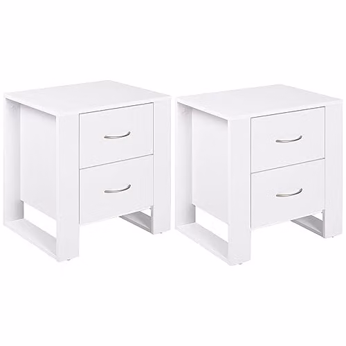 HOMCOM Set of 2 Modern White Bedside Tables with 2 Drawers and Silver Handles – 1