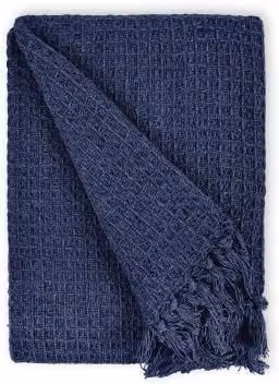 Emma Barclay Waffle Pique Cotton Throw in Blue with Fringes, W/D/H: 178 x 254 cm