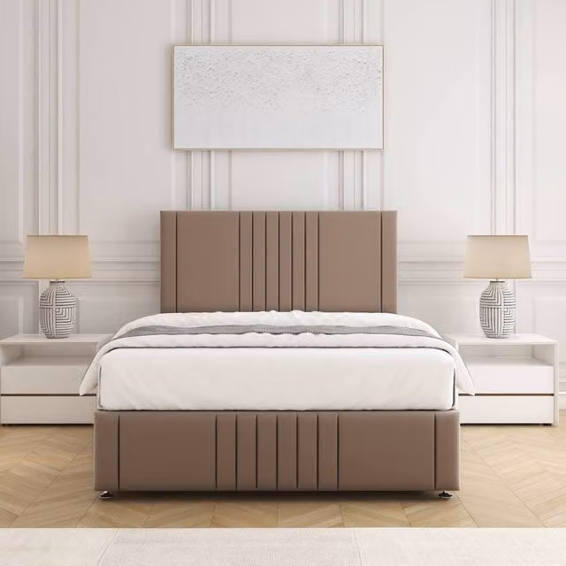 BSSPOKE Hazel Divan Bed Set with 24 inch Headboard and Mattress in Taupe Beige, Super King, W/D/H: 200 x 200 cm