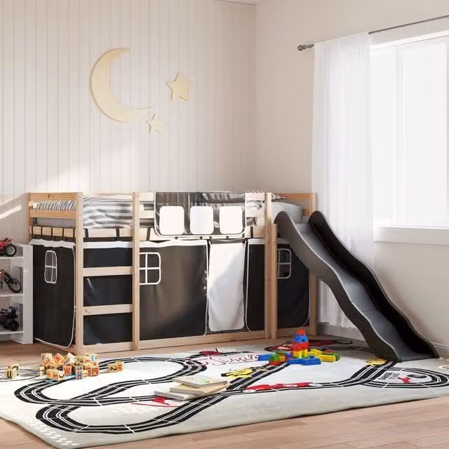 Berkfield Home Childrens Bunk Bed with Slide in White and Black, Solid Pine Wood, W/D/H: 80 x 200 cm – 1