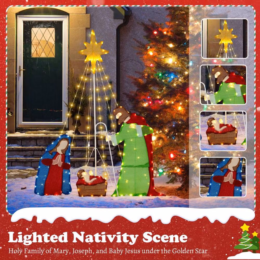 Costway Pre-lit Holy Family Nativity Scene Christmas Decoration in White and Multicolour – 5