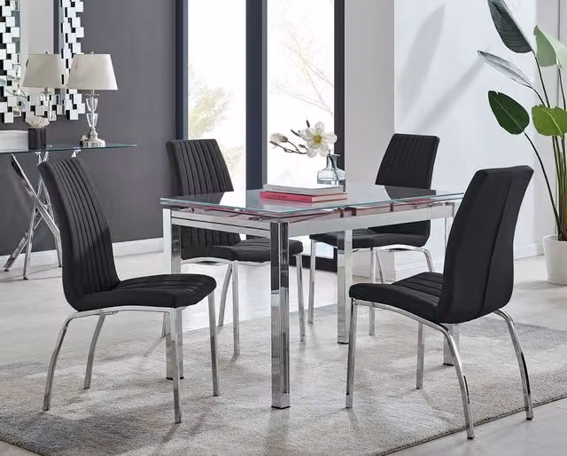 FurnitureboxUK Enna White Glass Extending Dining Table and 4 Isco Black Chairs