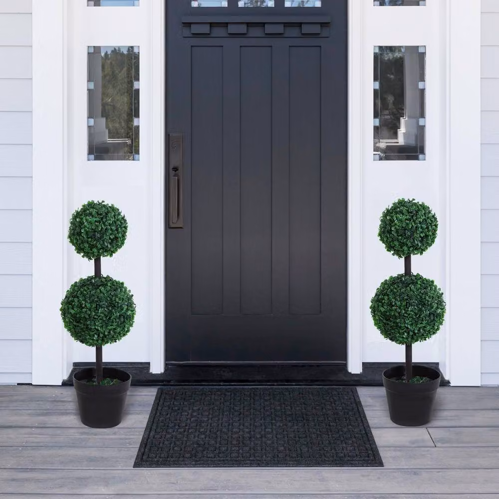 STILVORA Set of 2 Green Artificial Tabletop Topiary Trees in Round Concrete Pots – 2