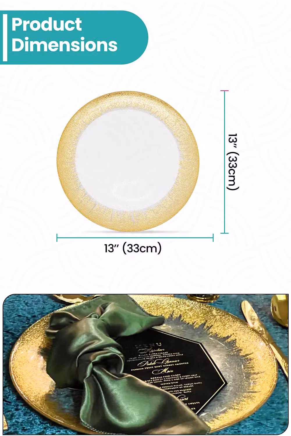 Neel Blue Set of 12 Glass Charger Plates with Gold Trim, Diameter: 33 cm, Blue and Gold – 2