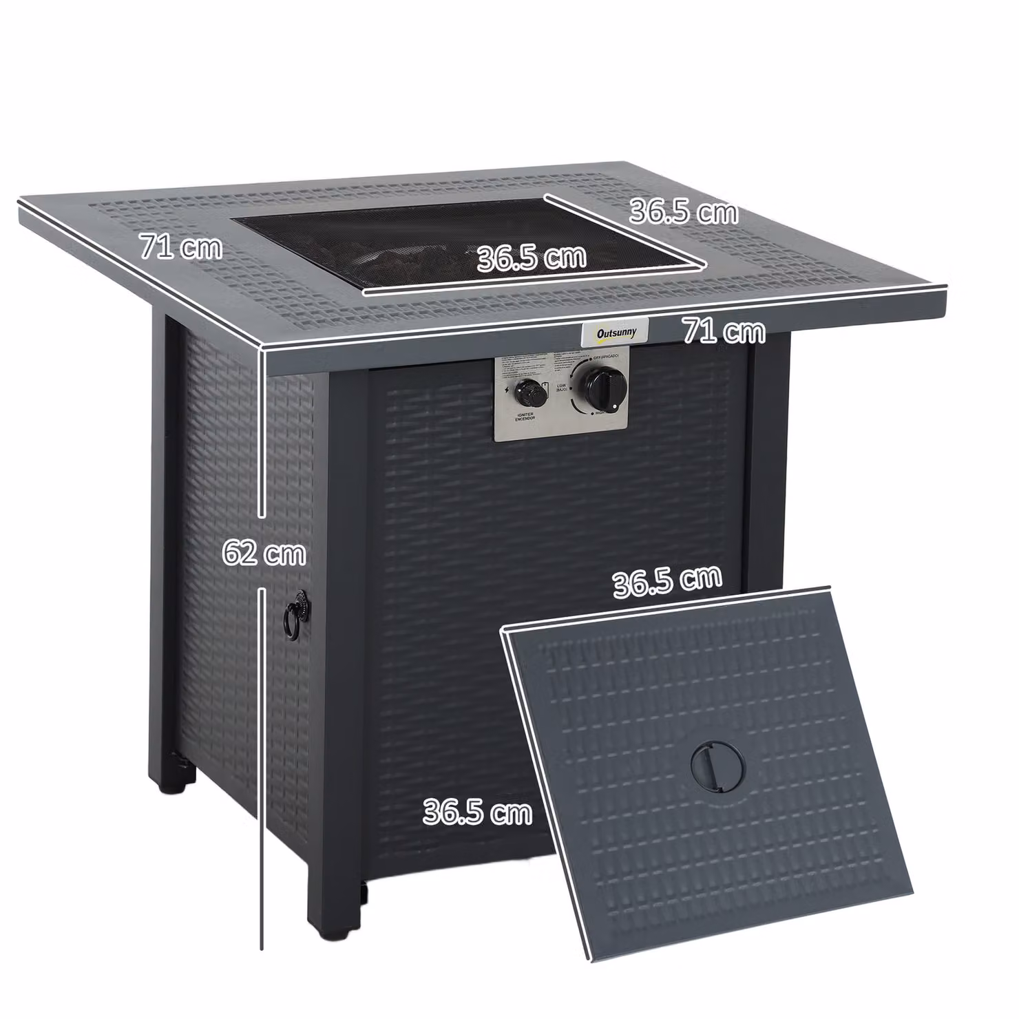 Outsunny Square Propane Gas Fire Pit Table in Dark Grey Rattan with Lava Rocks and Lid, W/D/H: 71 x 71 x 62 cm – 3