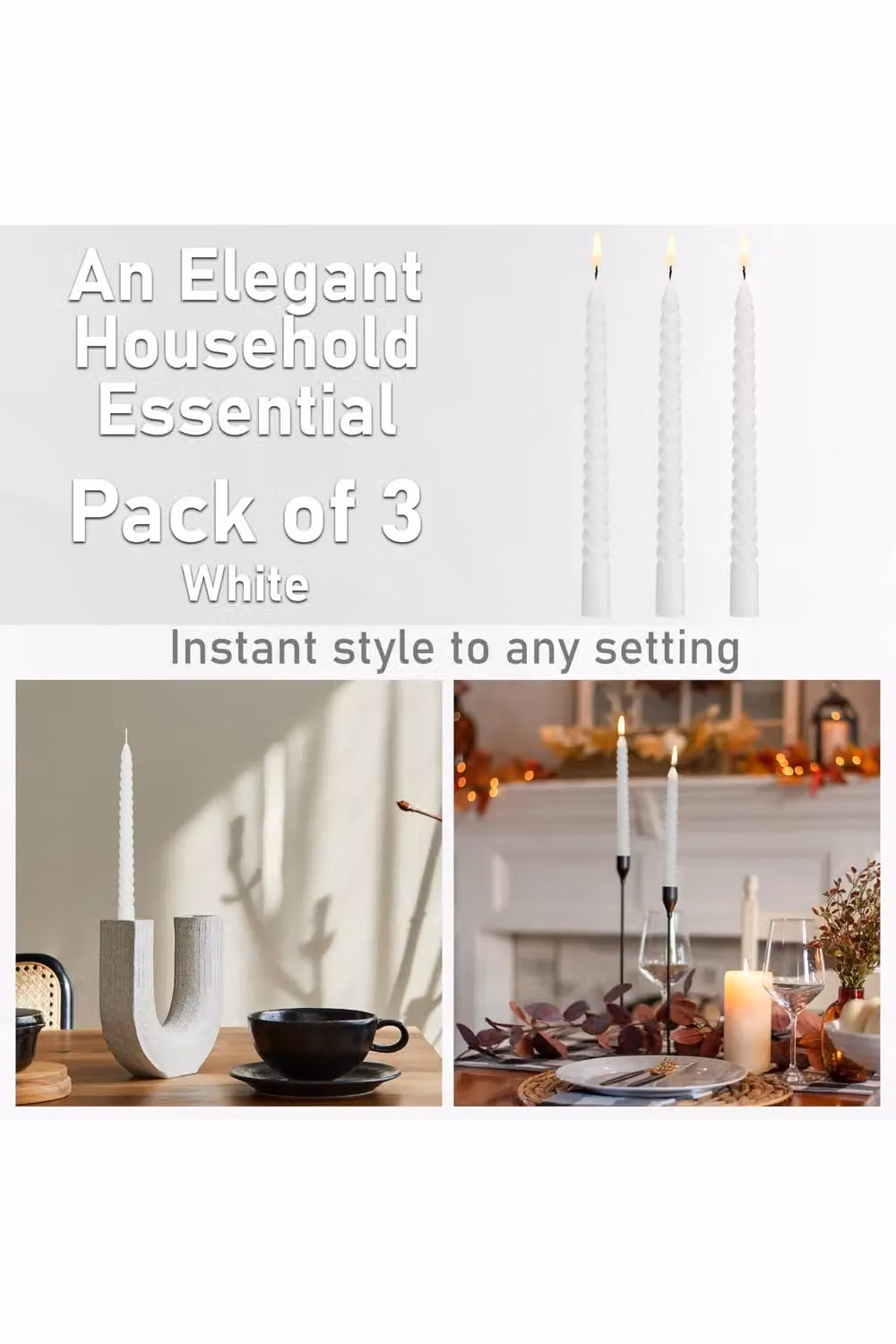 Deco Express White Twisted Non Drip Spiral Dinner Candles, Pack of 3 – 2