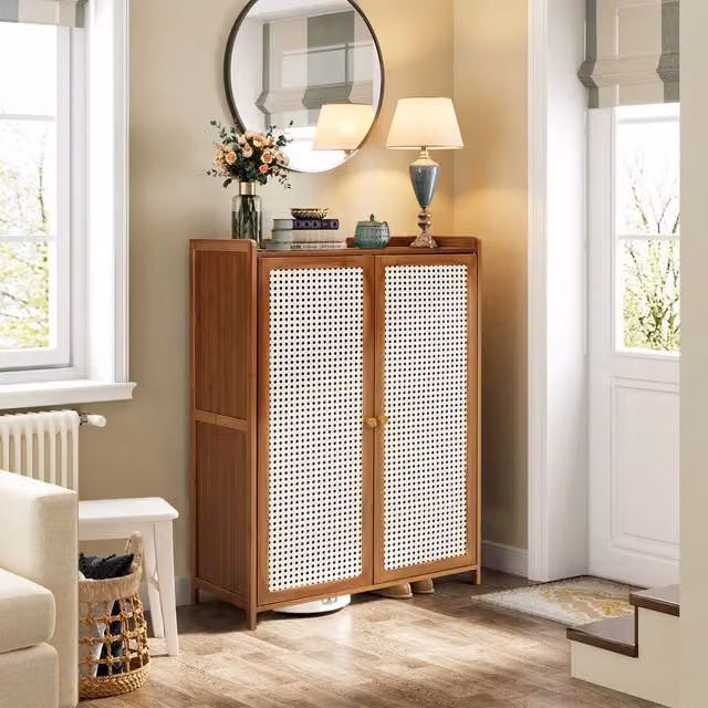 Livingandhome Boho Wooden Shoe Storage Cabinet with Brown Plastic Rattan Hinged Doors