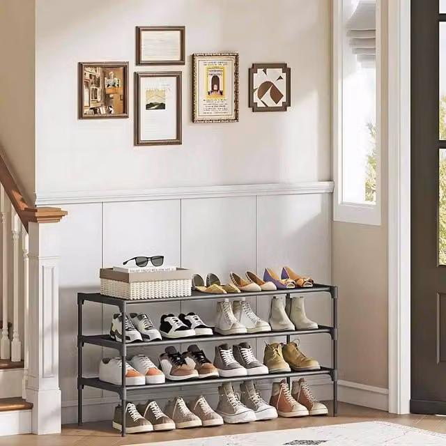 The Bazaarist 3 Tier Metal Shoe Rack with Fabric Shelves in Jet Black