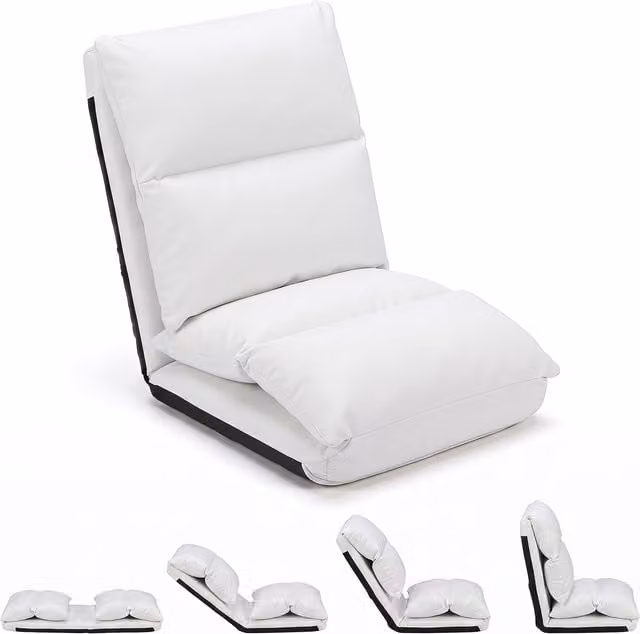 COSTWAY 14-Level Adjustable Foldable Floor Chair with Back Support in White