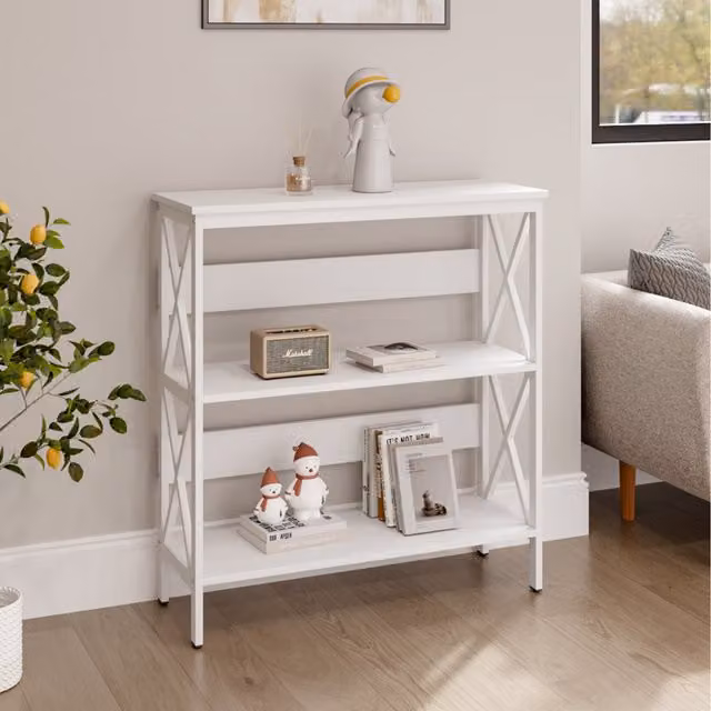 Livingandhome Rustic White Square Side Table with X-Frame Metal and Wood Design, W: 80 cm, D: 30 cm, H: 83 cm