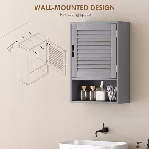 HOMCOM Modern Grey Wall Mounted Bathroom Cabinet with Roll Shutter and Internal Shelves W: 40 cm, D: 20 cm, H: 60 cm – 3