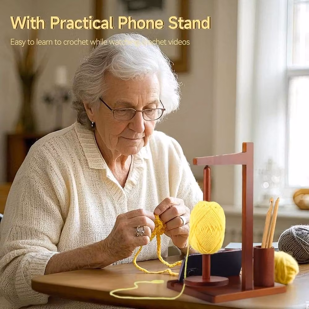 FLAVORA Brown Wooden Multi-Functional Rotating Yarn Holder and Phone Stand, W: 50.0 cm x H: 19.0 cm – 2