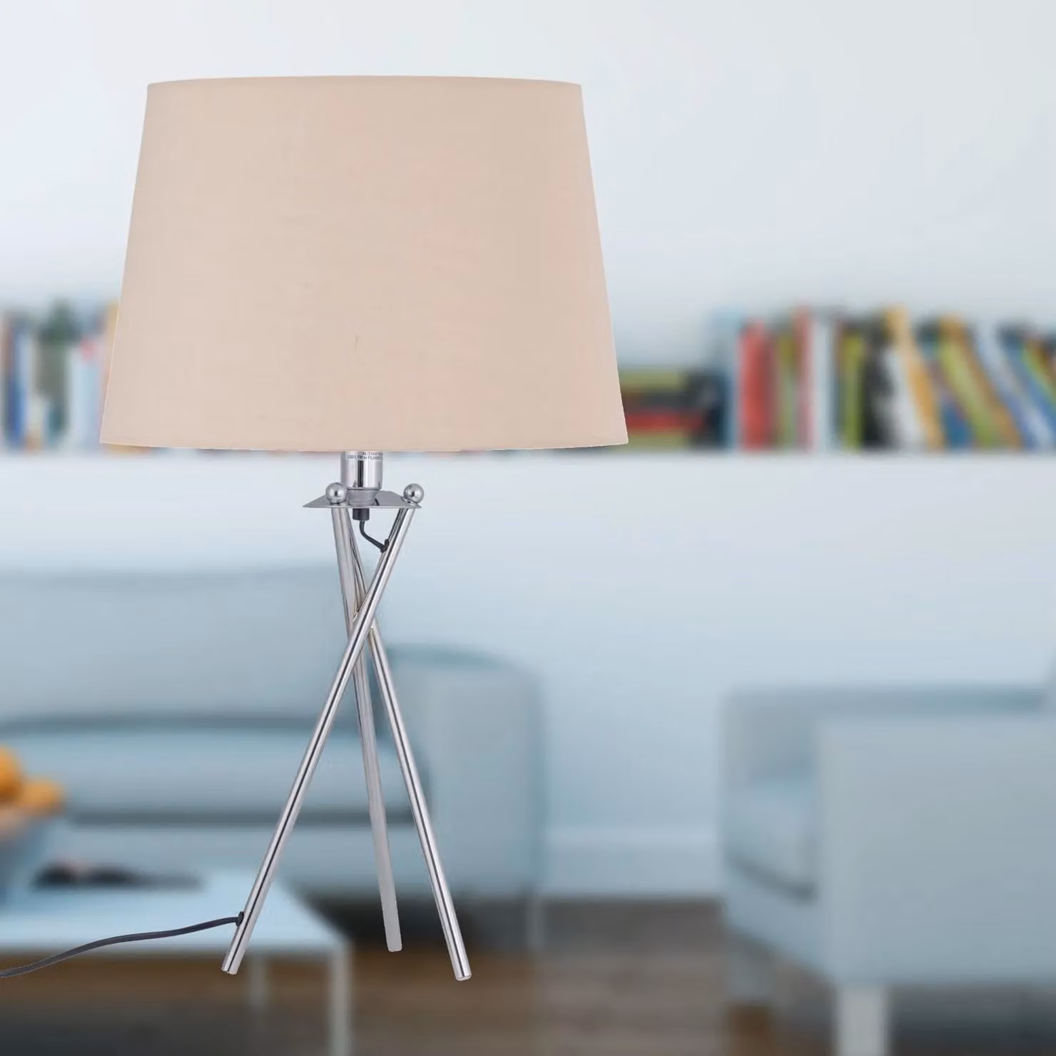 First Choice Lighting Set of 2 Silver Chrome Tripod Table Lamps with Beige Fabric Shades – 2