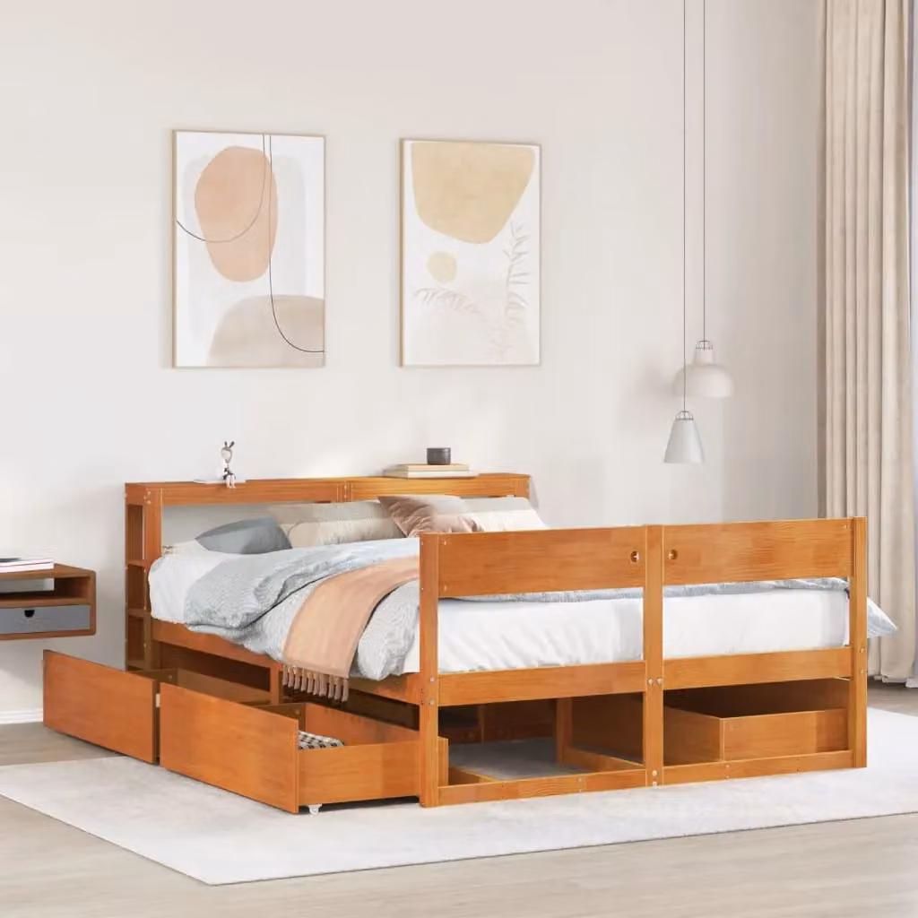 Berkfield Home Solid Wood Pine Bed Frame in Wax Brown, W/D/H: 135 x 190 cm – 2