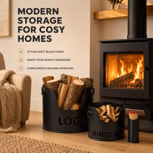 Almineez 3-Piece Black Metal Fireside Storage Set with Log Holder, Kindling Bucket and Matchstick Holder – 4