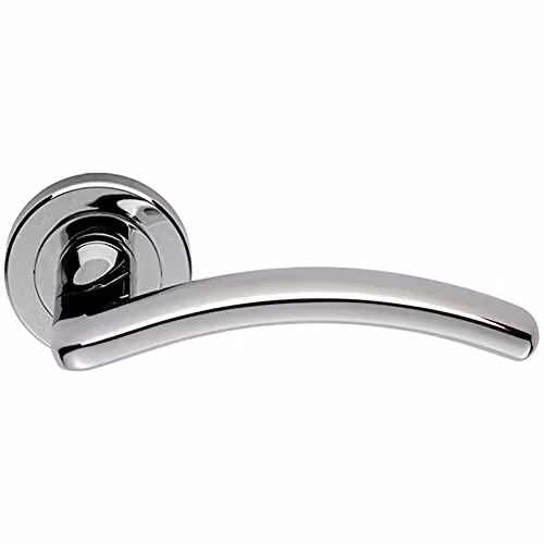 Loops Pair of Oval Arched Bar Lever Door Handles with Round Rose in Polished Chrome, Concealed Fix
