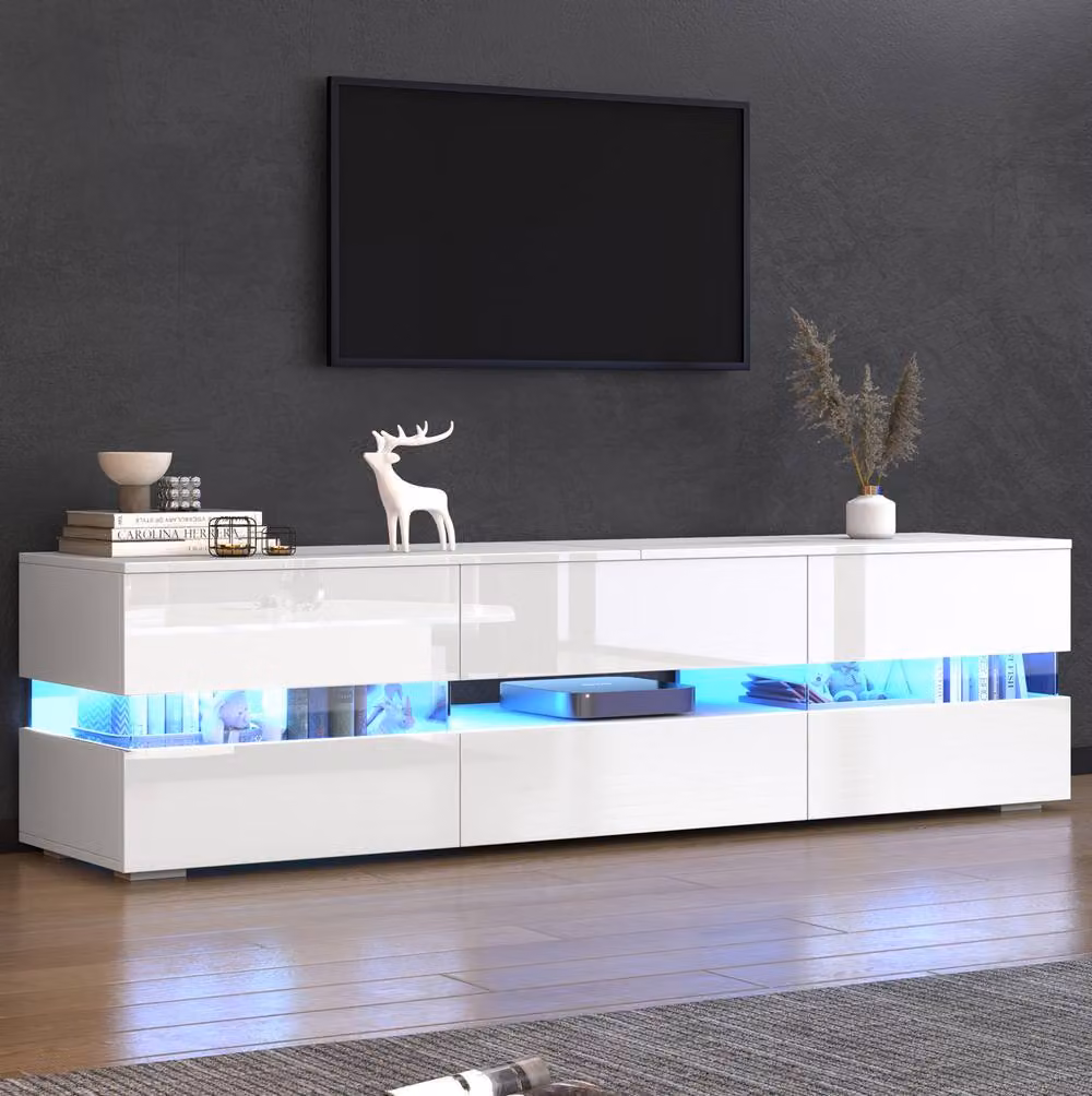 STILVORA Modern White Glossy TV Stand with LED Lights and Storage, Width: 160 cm – 2
