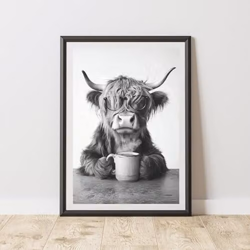 60 Second Makeover Funny Highland Cow Drinking Coffee Paper Print, A3