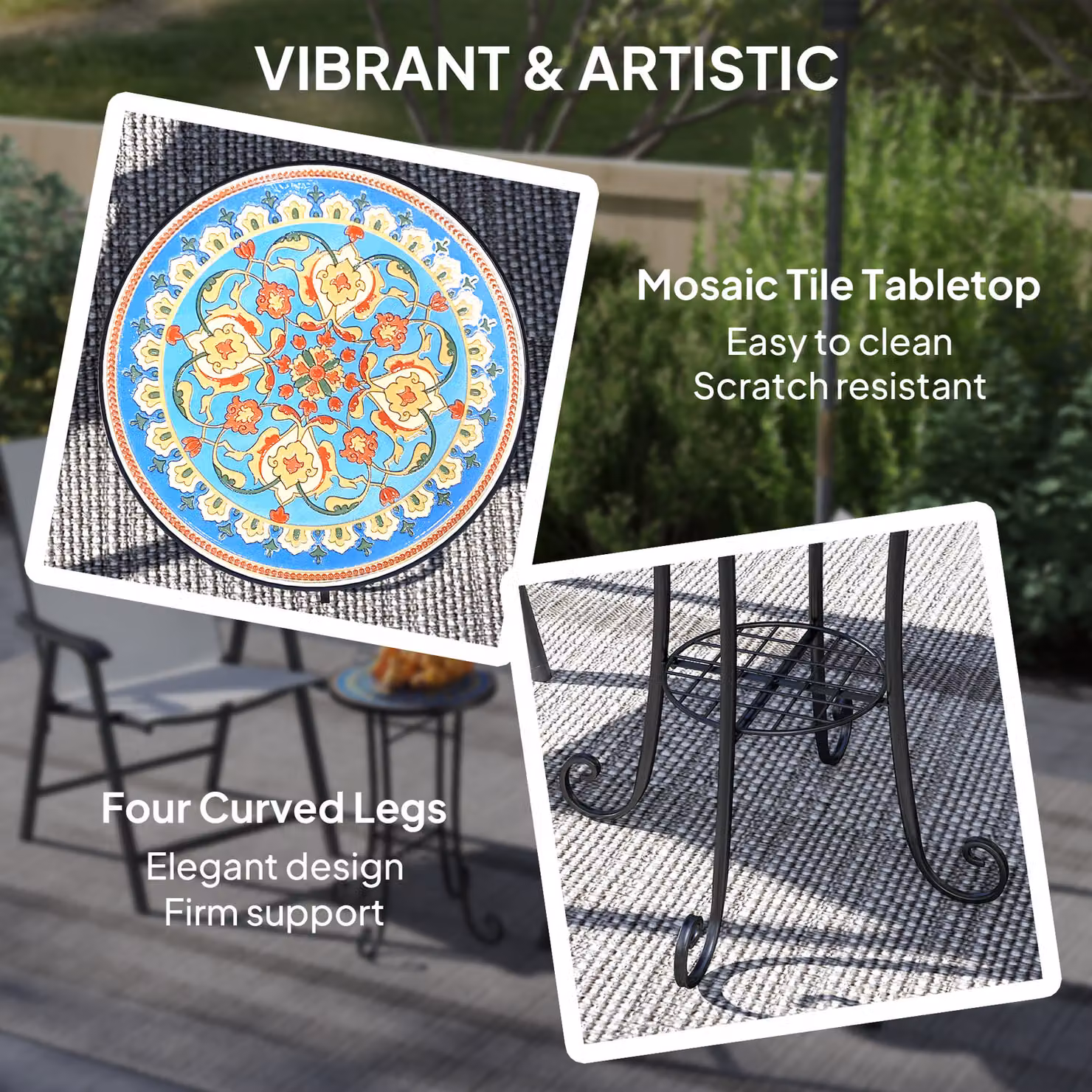 Outsunny Blue Mosaic Garden Side Table with Ceramic Tile Top, Diameter: 35.5 cm – 4