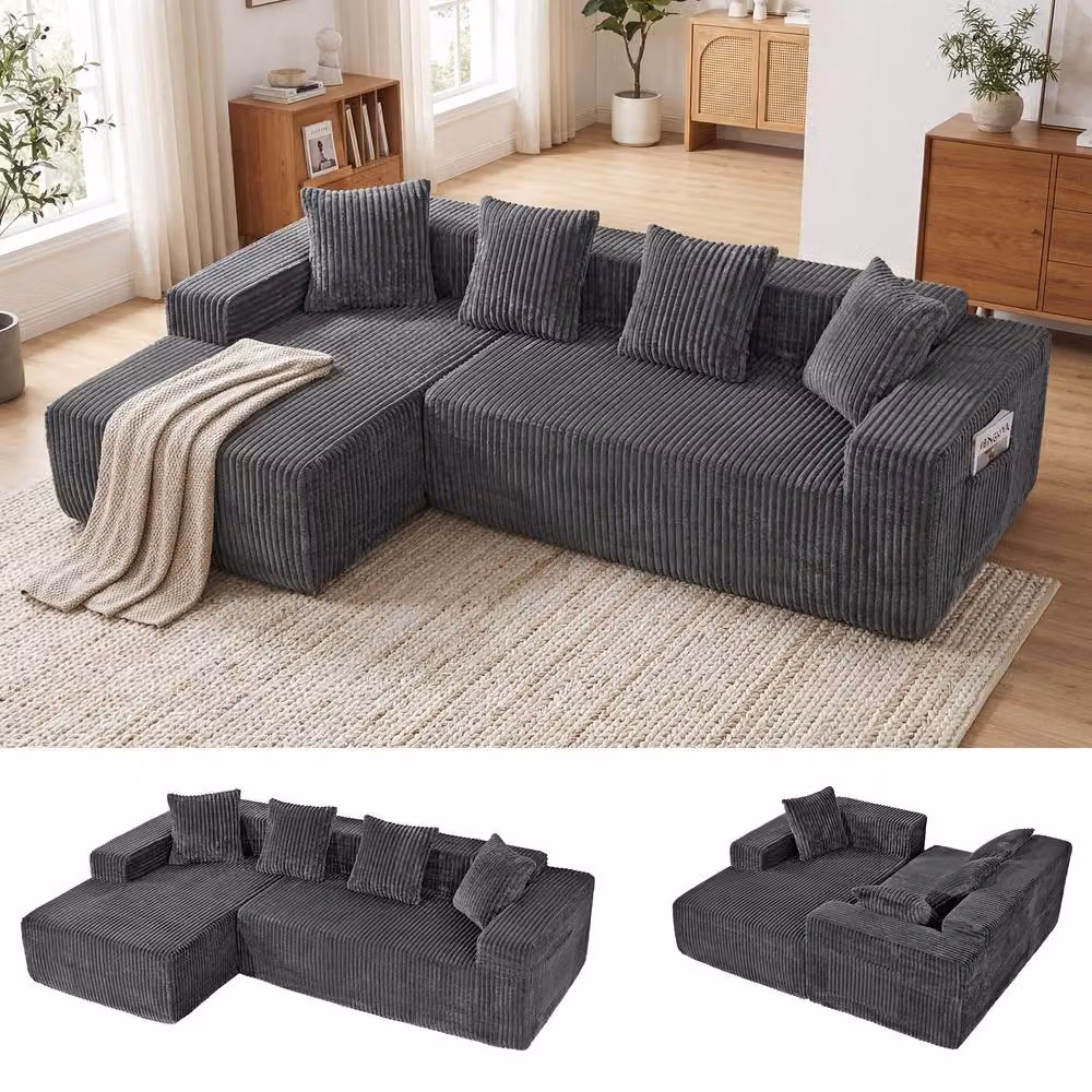 Dprodo 4 Seater Modular Left L-Shaped Sectional Sofa in Grey Velvet Cord – 2