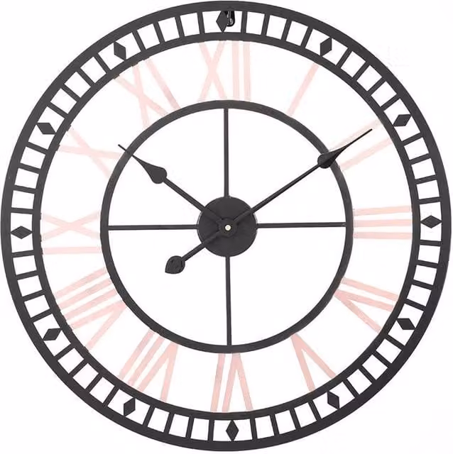 PAWNORA Retro Round Metal Outdoor Garden Wall Clock in Black and Pink – 1