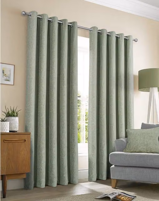 Sundour Amberley Thermal Interlined Chenille Eyelet Curtain, Sage Green, 100% Polyester