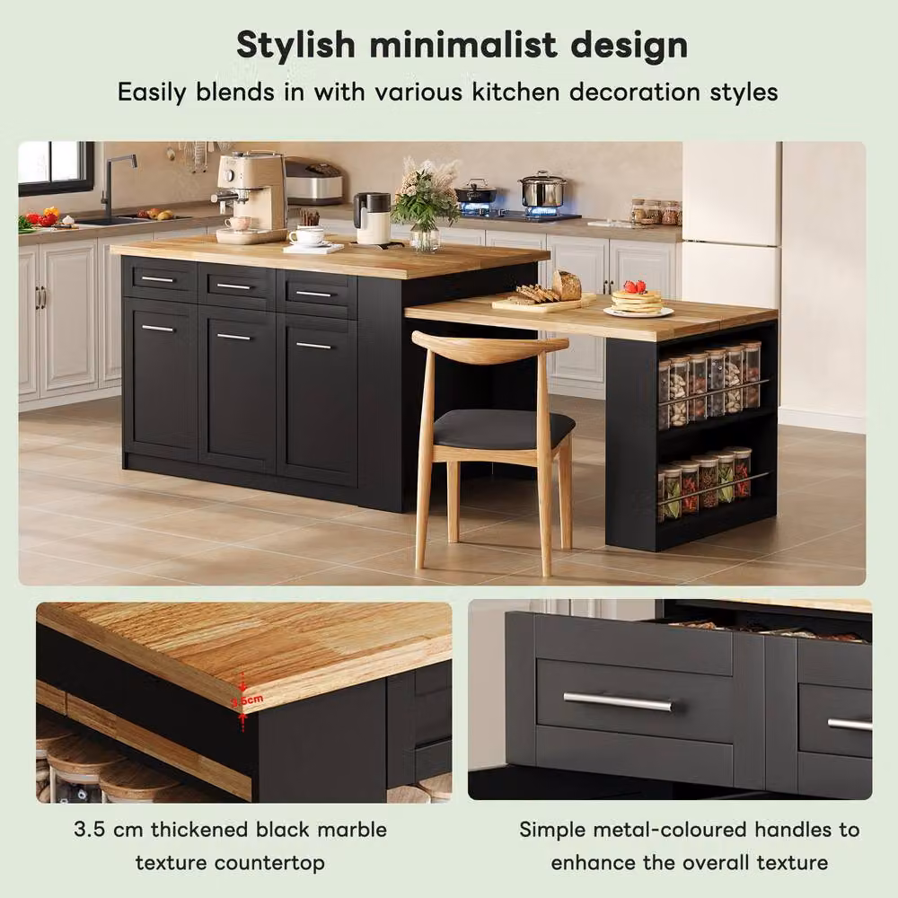 Merax Kitchen Island with Extendable Dining Table and Wood Effect Top in Black, W/D/H: 150 x 90 x 90 cm – 4