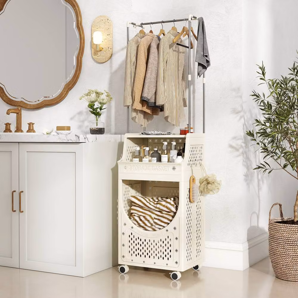 Gymax Folding Rolling Laundry Utility Cart with Hanging Bar in Beige – 3