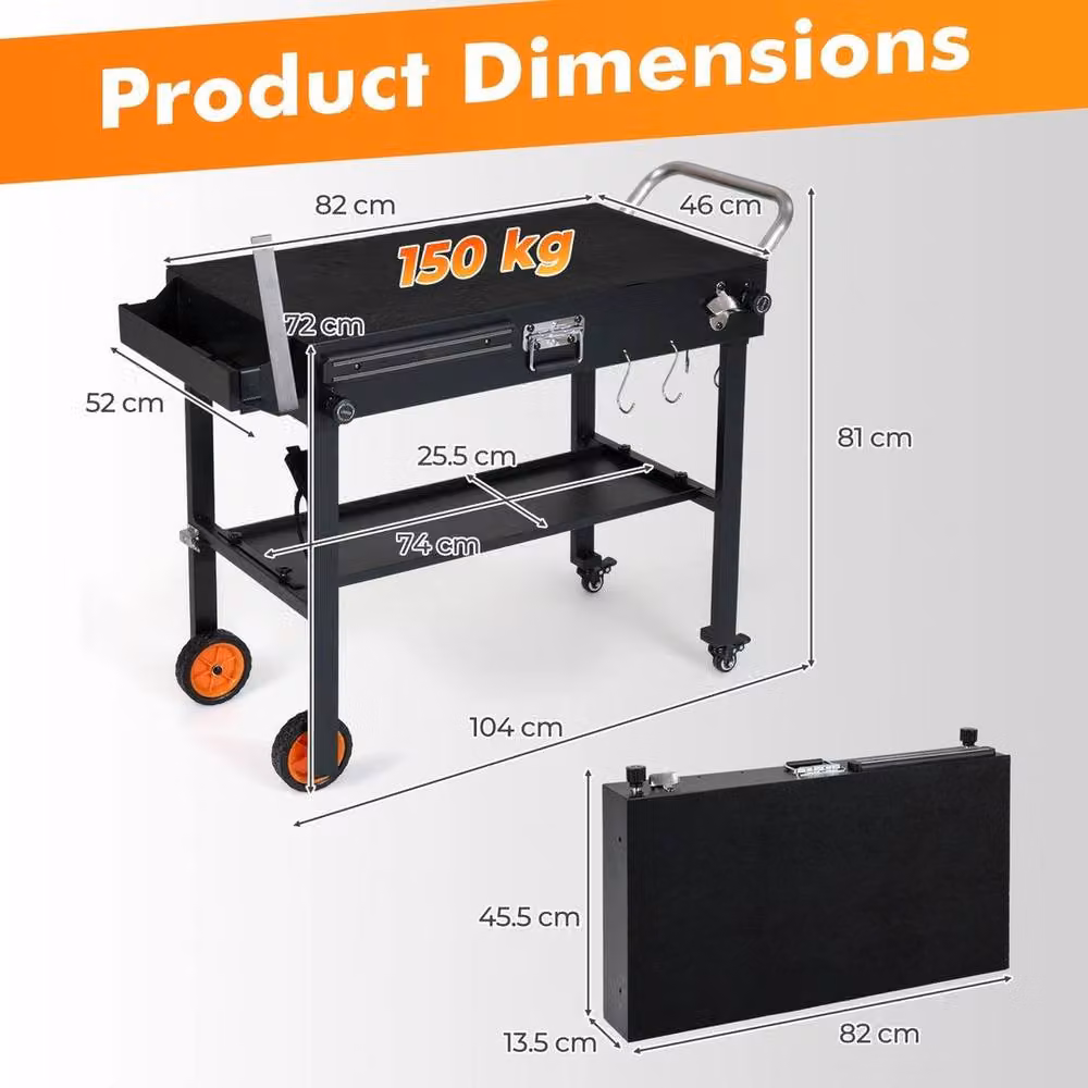 KORVIXA Black Folding Charcoal Grill Cart, W: 82 cm, D: 46 cm, H: 81 cm – 2