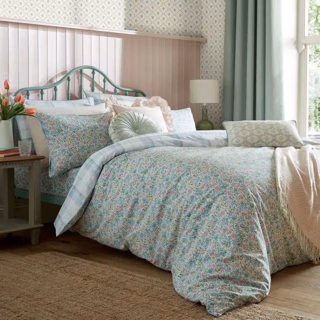Laura Ashley Sherston Reversible Floral Cotton Duvet Cover and Pillowcase Set in Powder Blue