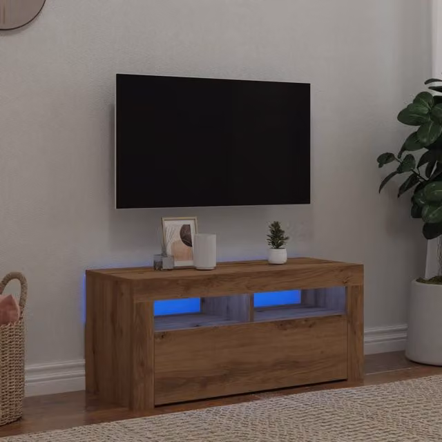 Berkfield Home Modern TV Cabinet with LED Lights in Artisan Oak, W/D/H: 90 x 35 x 40 cm – 1