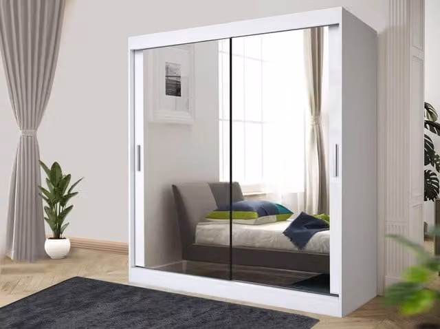 RAC3 Modern White Sliding Mirror Wardrobe with Integrated Drawers, Width: 203 cm