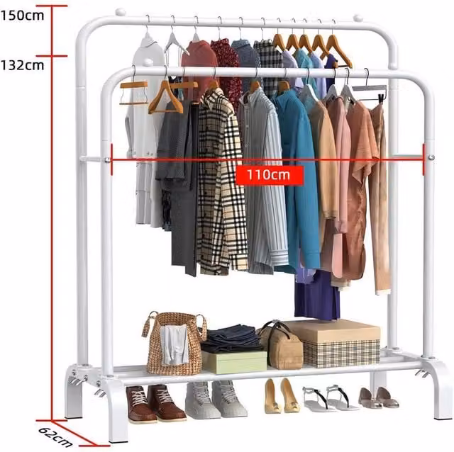FORGEVIO White Heavy Duty Double Clothes Hanging Rail Metal Rack