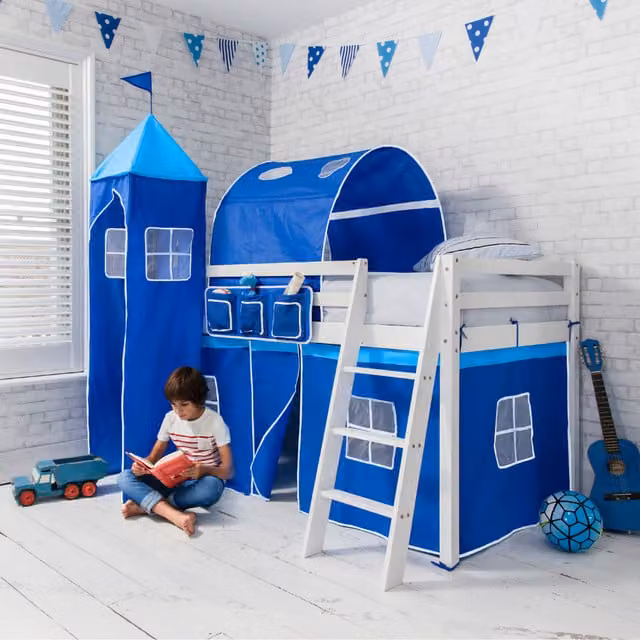 Noa and Nani Moro Cabin Bed for Children in White and Blue Pine Wood